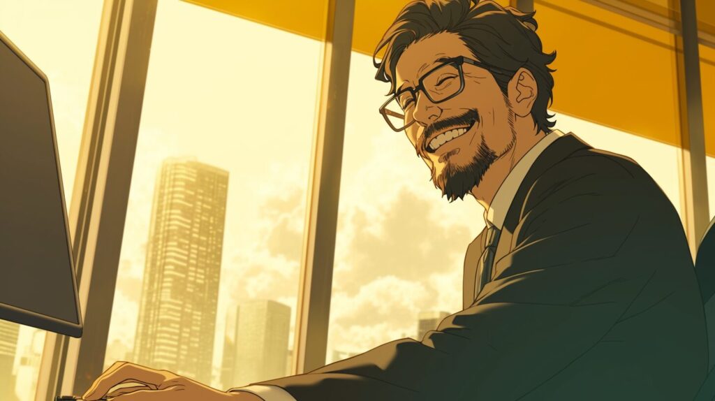 40代のスーツを着た男性が笑っている