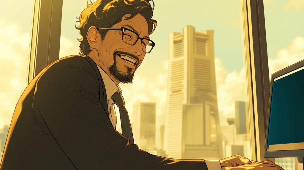 40代のスーツを着た男性が笑っている