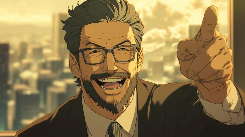 40代のスーツを着た男性が指差している