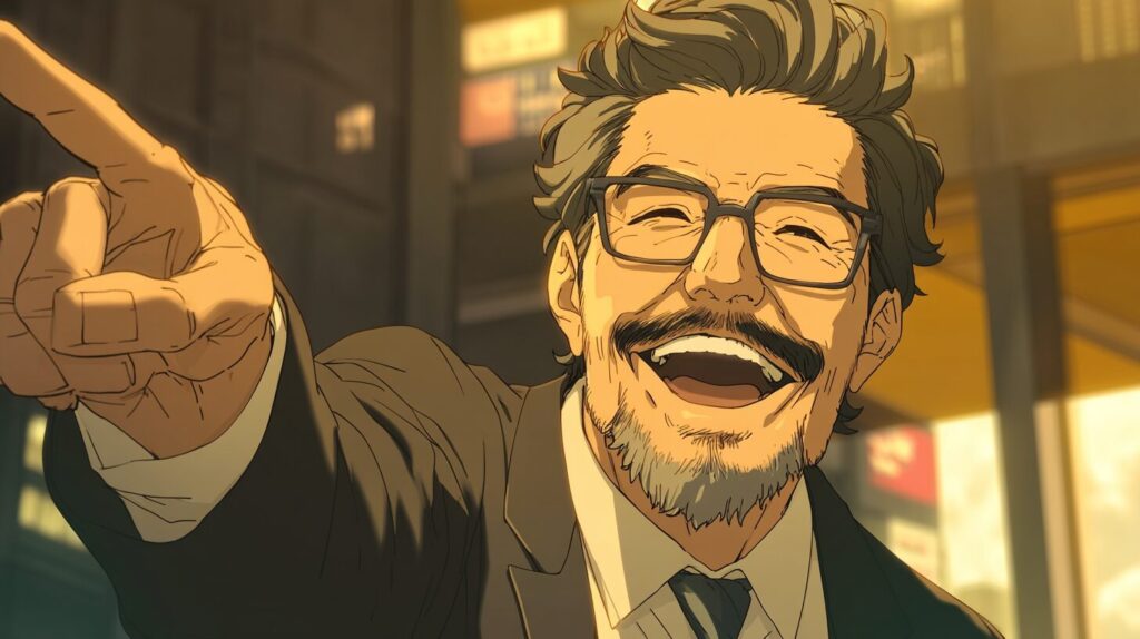 40代のスーツを着た男性が指差している
