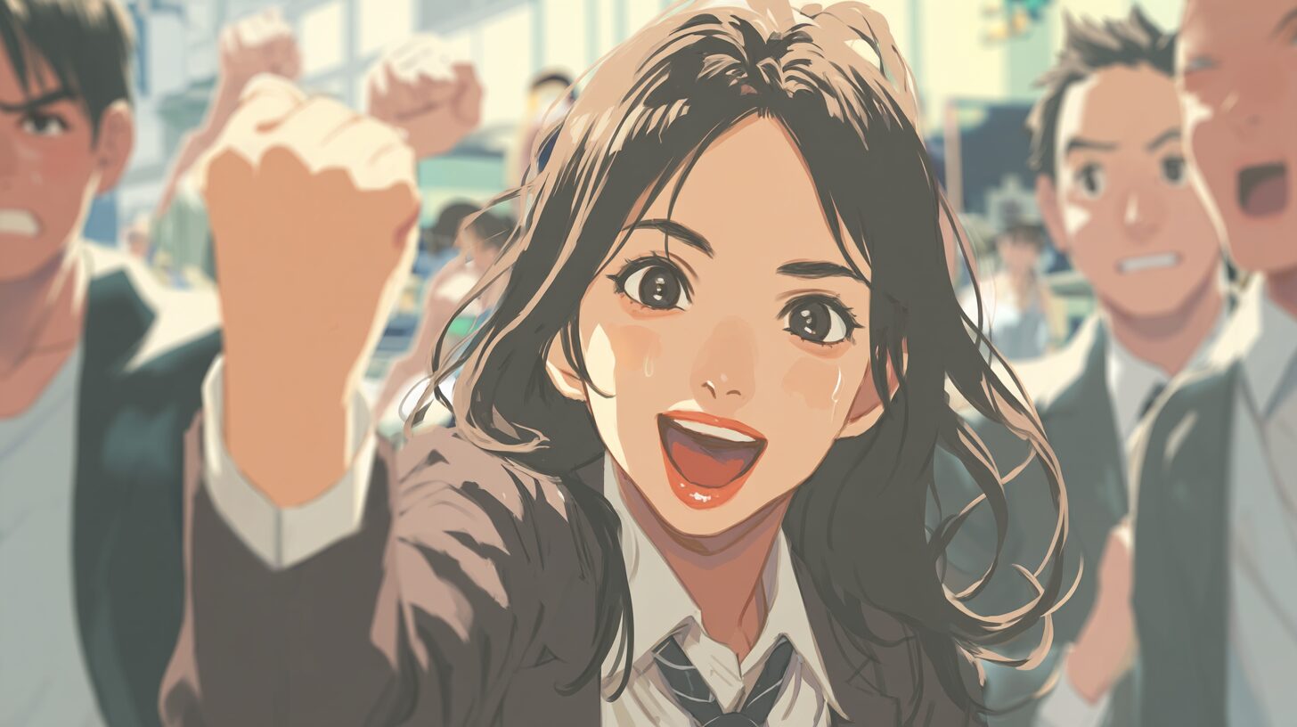 20代女性がオフィスでガッツポーズ