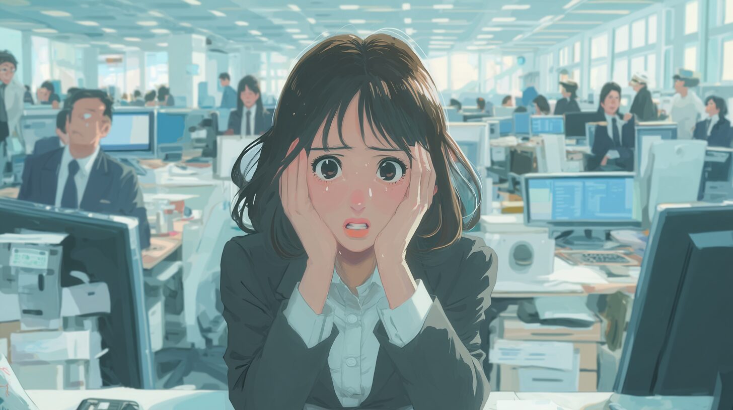 20代女性がオフィスで落ち込んでいる