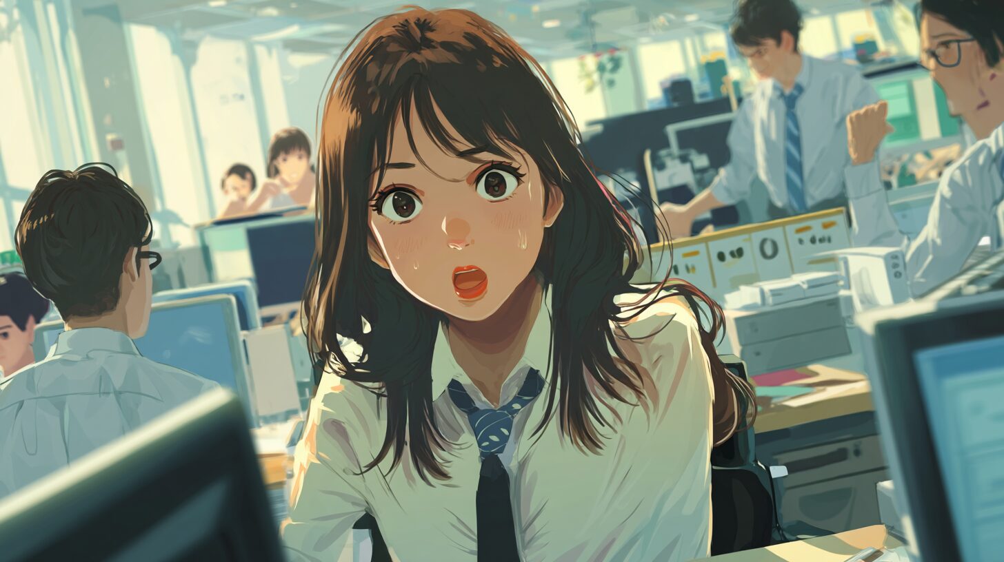 20代女性がオフィスで焦っている