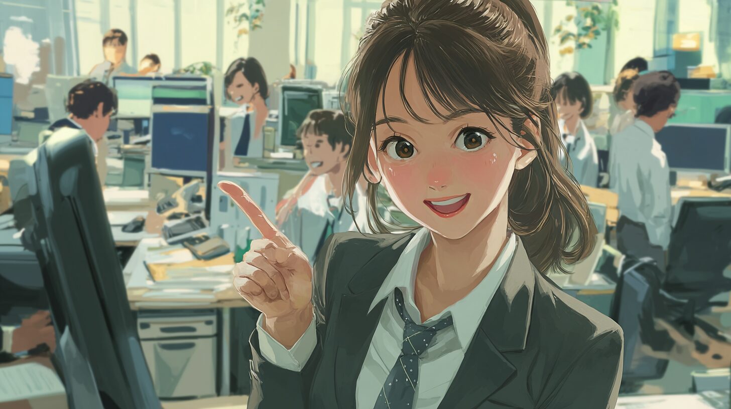 明るく指を立てる20代女性
