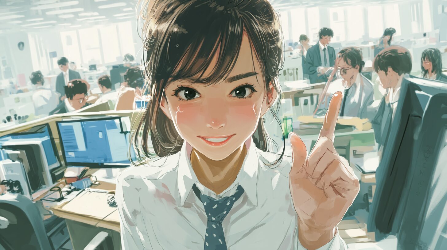 明るく指を立てる20代女性