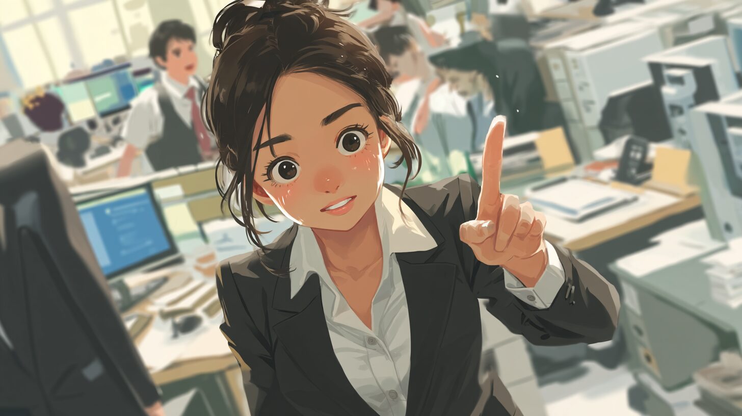 明るく指を立てる20代女性