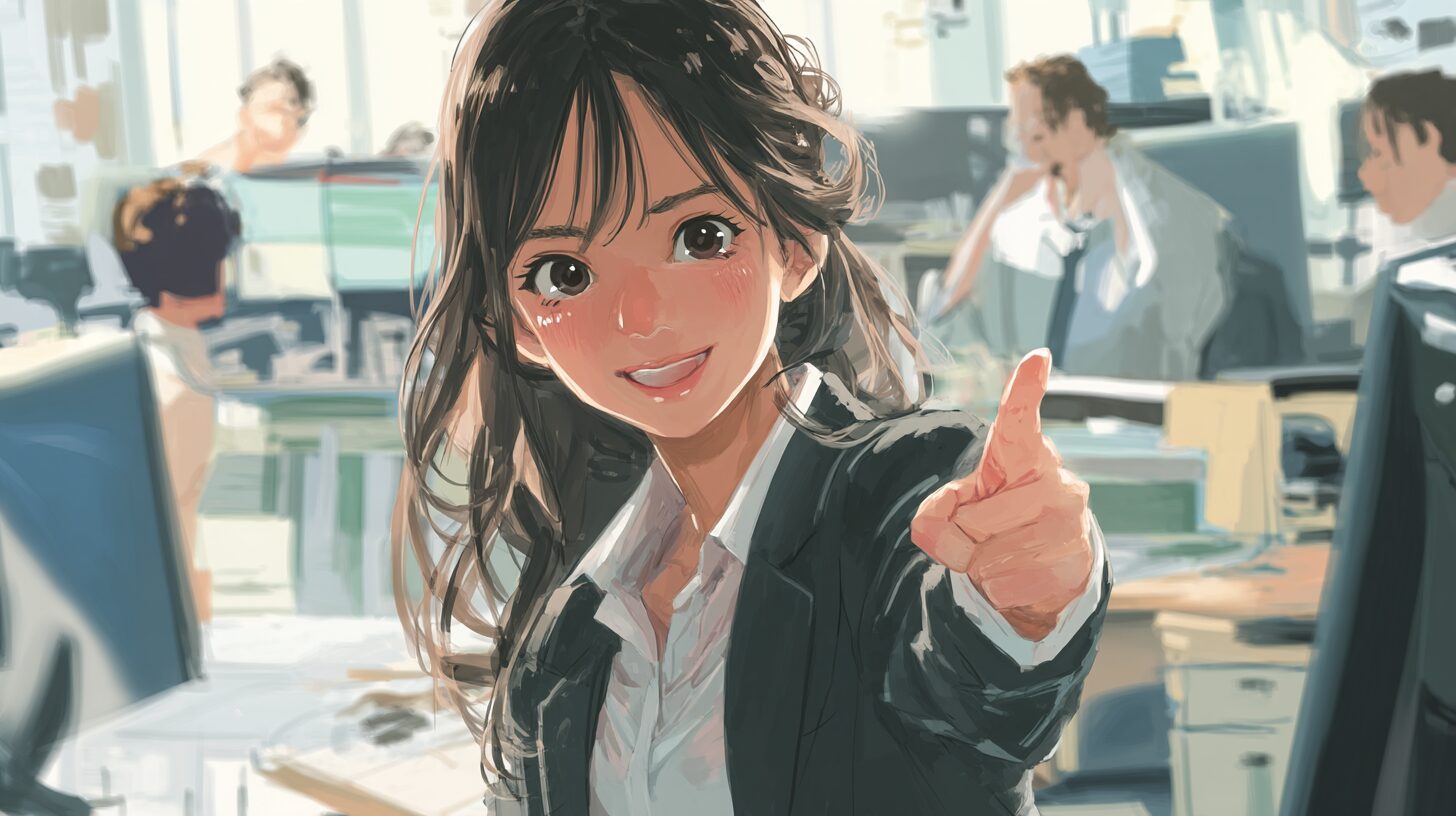明るく指を立てる20代女性