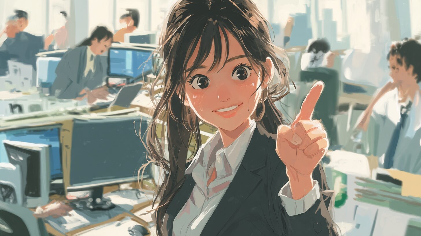 明るく指を立てる20代女性