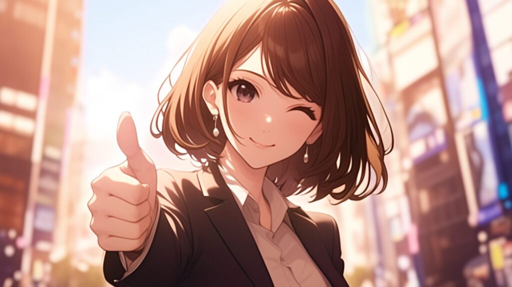 笑ってサムアップする女性