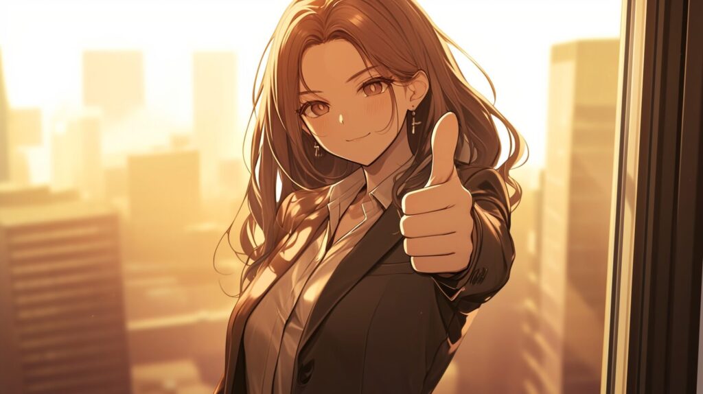 笑ってサムアップする女性