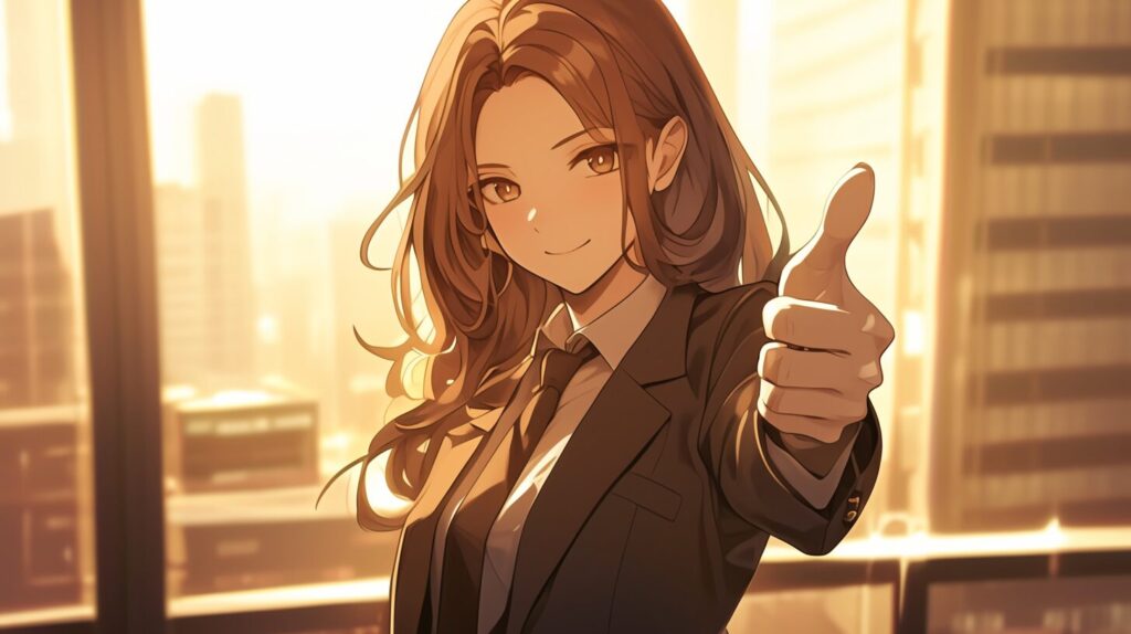 笑ってサムアップする女性