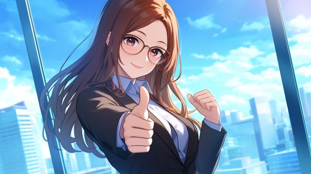 笑ってサムアップする女性
