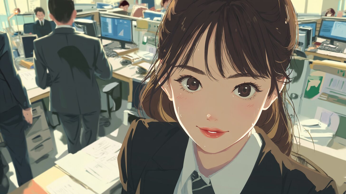 20代女性がオフィスで笑っている
