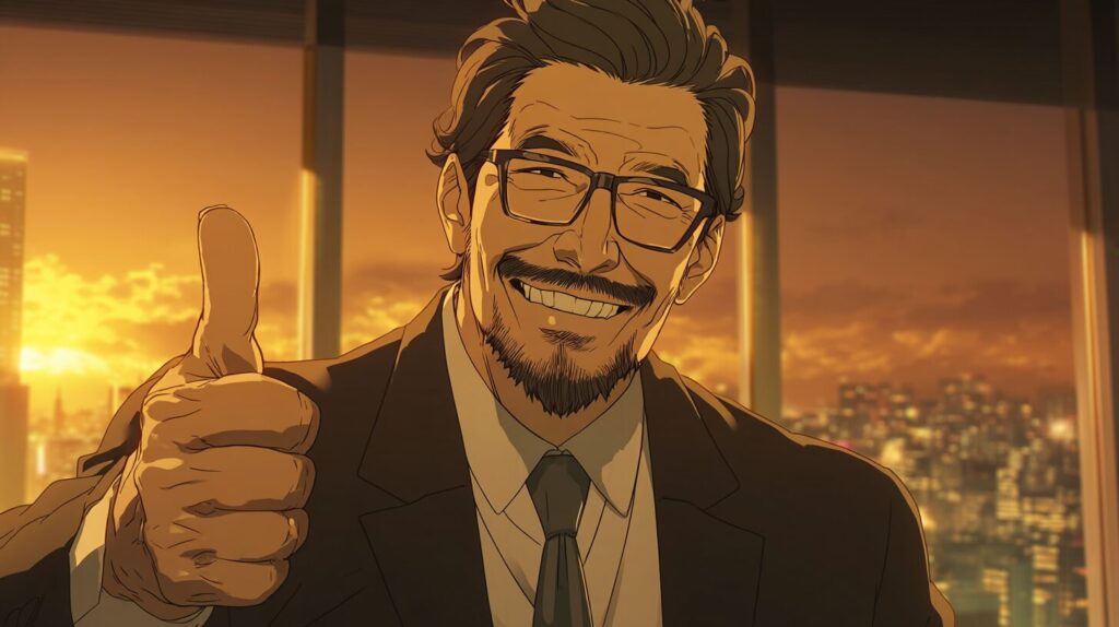 笑ってサムアップする男性