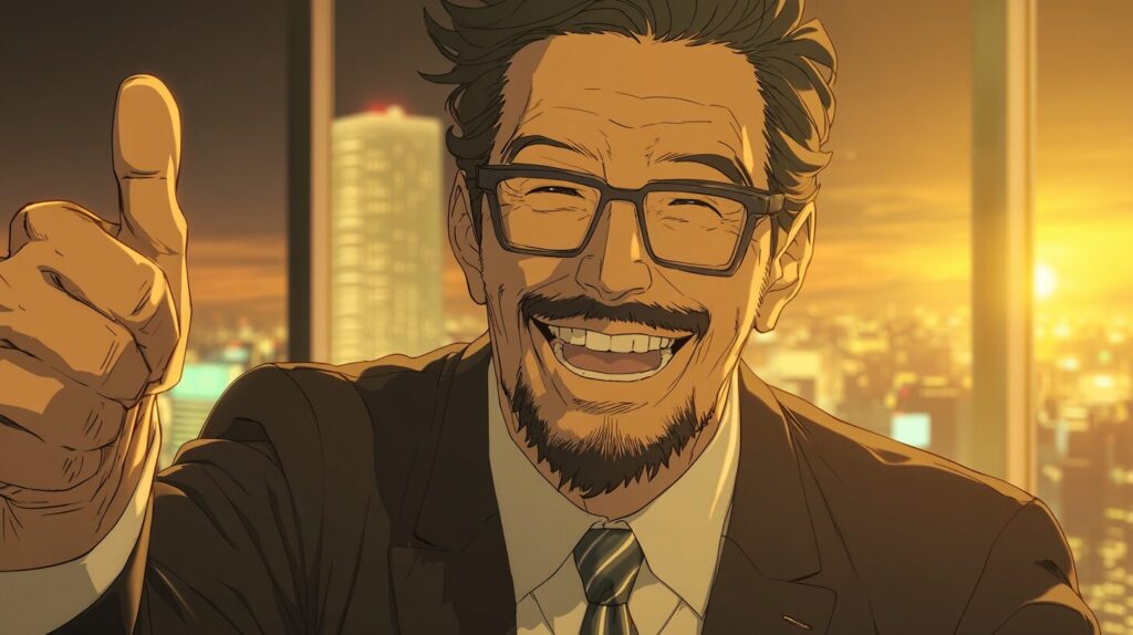 笑ってサムアップする男性
