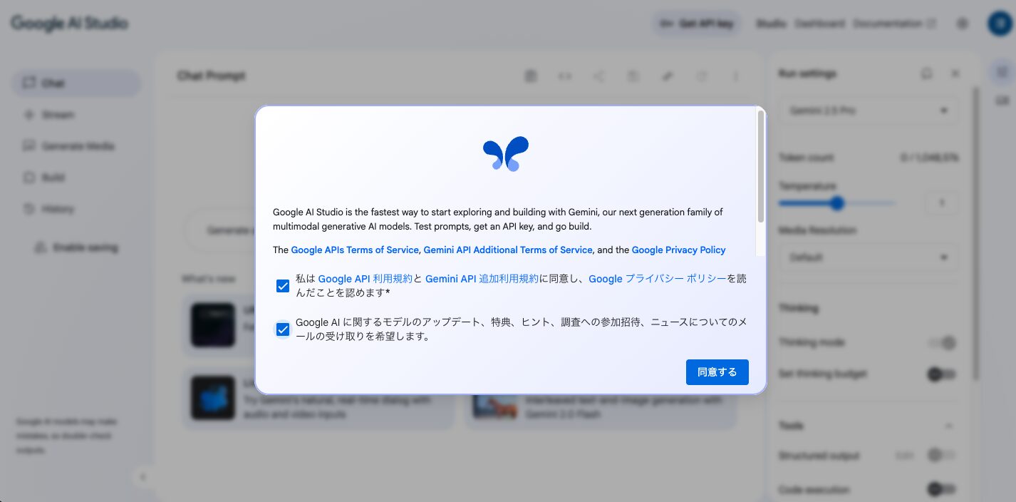 Google AI Studioの同意画面